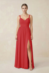 Sweetheart A - Line Chiffon Bridesmaid Dress with Slit in Ruby Red - KISS BRIDAL Bridesmaid Dresses