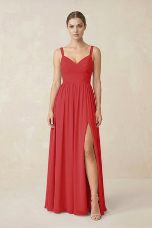 Sweetheart A - Line Chiffon Bridesmaid Dress with Slit in Ruby Red - SHE IS ME Bridesmaid Dresses