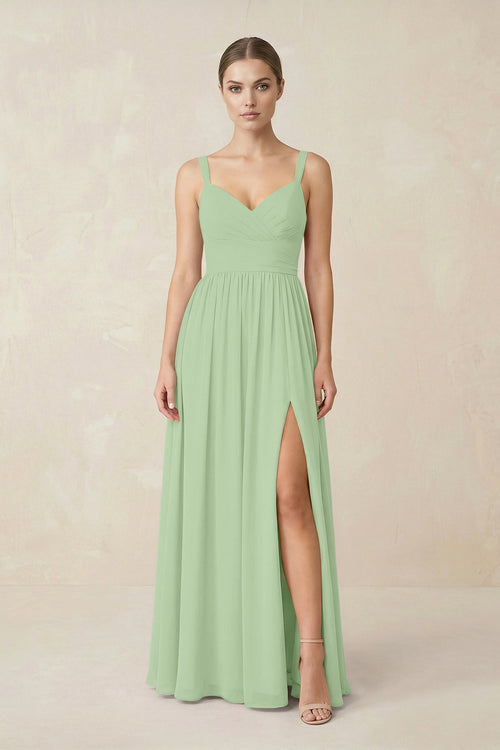 Sweetheart A - Line Chiffon Bridesmaid Dress with Slit in Sage - SHE IS ME Bridesmaid Dresses