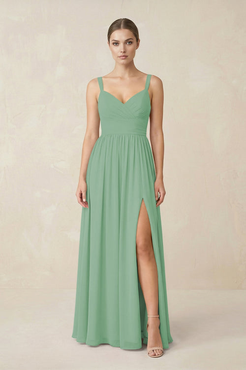 Sweetheart A - Line Chiffon Bridesmaid Dress with Slit in Sea Glass - SHE IS ME Bridesmaid Dresses