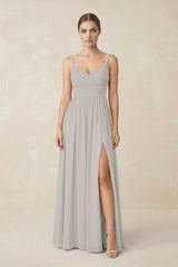 Sweetheart A - Line Chiffon Bridesmaid Dress with Slit in Silver - KISS BRIDAL Bridesmaid Dresses