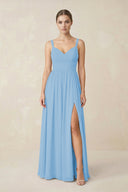 Sweetheart A - Line Chiffon Bridesmaid Dress with Slit in Steel Blue - SHE IS ME Bridesmaid Dresses