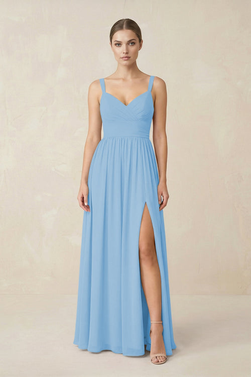 Sweetheart A - Line Chiffon Bridesmaid Dress with Slit in Steel Blue - SHE IS ME Bridesmaid Dresses