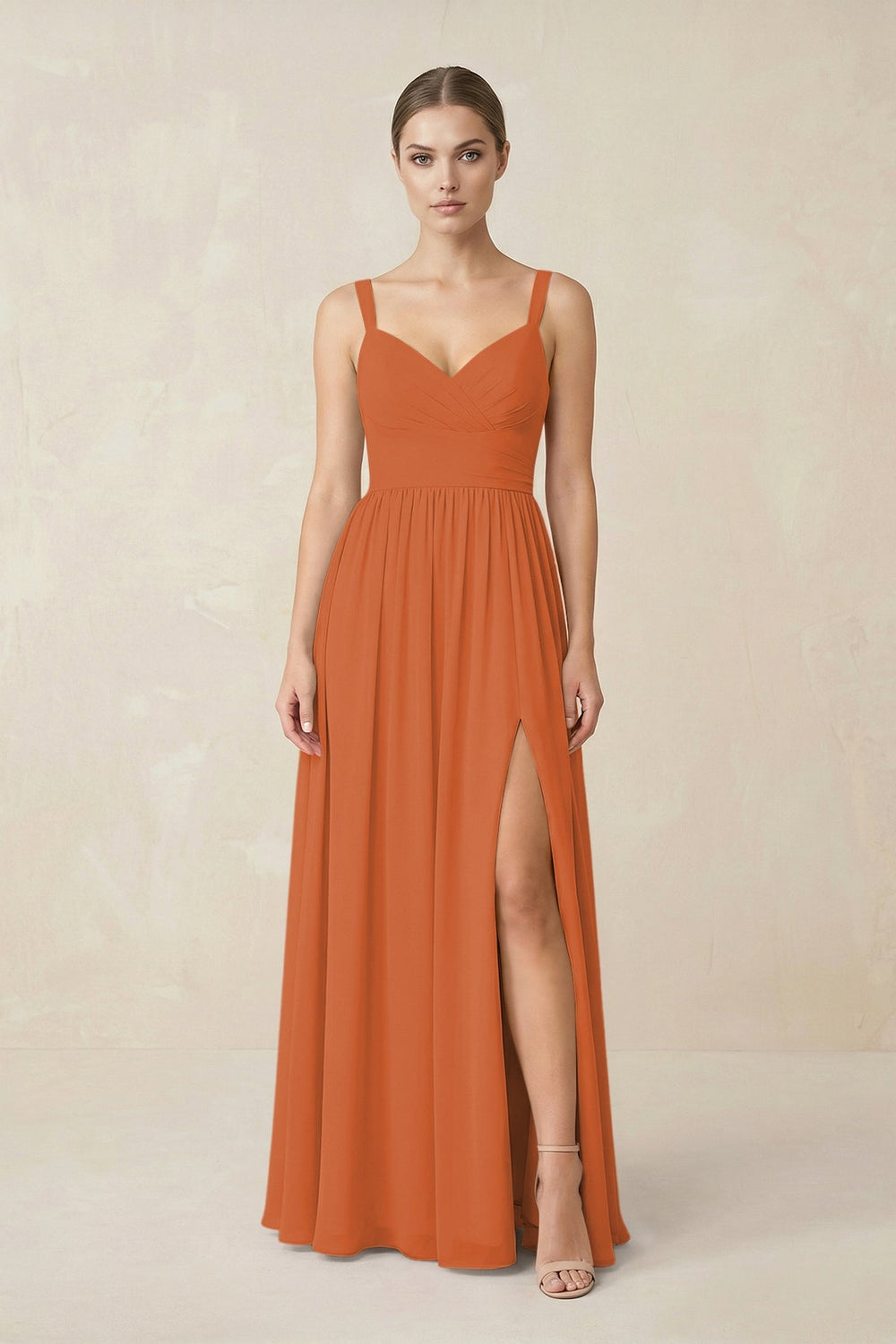 Sweetheart A - Line Chiffon Bridesmaid Dress with Slit in Terracotta - KISS BRIDAL Bridesmaid Dresses