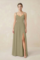 Sweetheart A - Line Chiffon Bridesmaid Dress with Slit in Thyme - SHE IS ME Bridesmaid Dresses