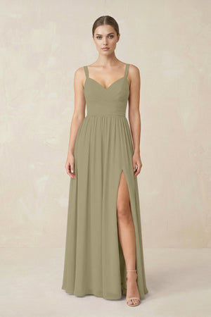 Sweetheart A - Line Chiffon Bridesmaid Dress with Slit in Thyme - SHE IS ME Bridesmaid Dresses