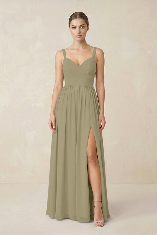Sweetheart A - Line Chiffon Bridesmaid Dress with Slit in Thyme - SHE IS ME Bridesmaid Dresses