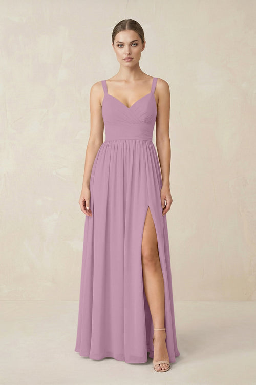 Sweetheart A - Line Chiffon Bridesmaid Dress with Slit in Wisteria - SHE IS ME Bridesmaid Dresses