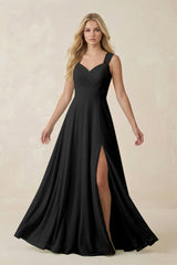 Sweetheart A - Line Chiffon Long Bridesmaid Dress in Black - KISS BRIDAL Bridesmaid Dresses