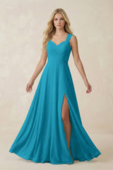Sweetheart A - Line Chiffon Long Bridesmaid Dress in Blue Jay - KISS BRIDAL Bridesmaid Dresses