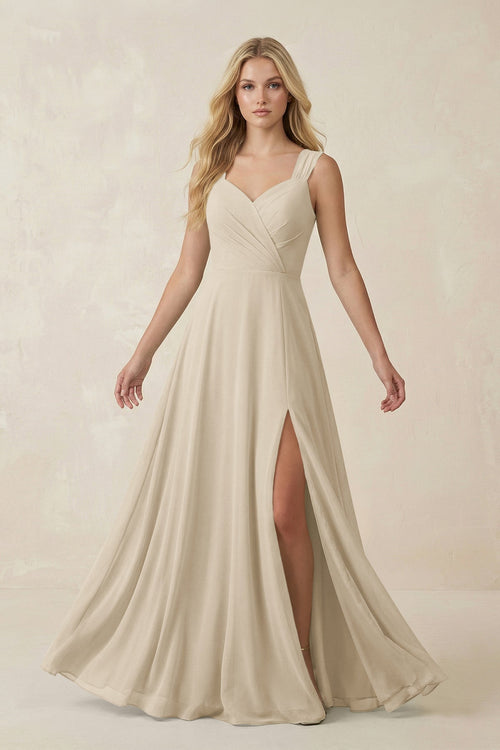 Sweetheart A - Line Chiffon Long Bridesmaid Dress in Champagne - KISS BRIDAL Bridesmaid Dresses