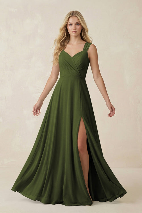 Sweetheart A - Line Chiffon Long Bridesmaid Dress in Olive - KISS BRIDAL Bridesmaid Dresses