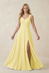 Sweetheart A - Line Chiffon Long Bridesmaid Dress in Pastel Yellow - KISS BRIDAL Bridesmaid Dresses
