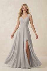 Sweetheart A - Line Chiffon Long Bridesmaid Dress in Silver - KISS BRIDAL Bridesmaid Dresses