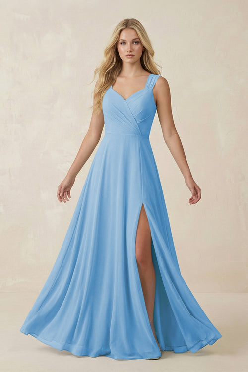 Sweetheart A - Line Chiffon Long Bridesmaid Dress in Steel Blue - KISS BRIDAL Bridesmaid Dresses