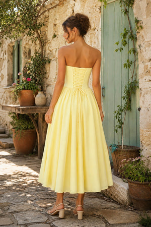 Sweetheart A-Line Corset Pleated Midi Dress in Yellow– SHE IS ME Dresses