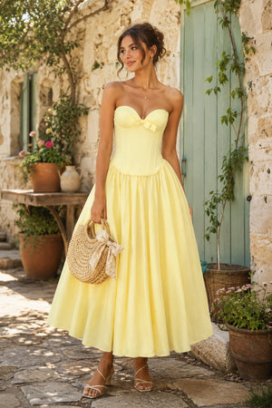 Sweetheart A-Line Corset Pleated Midi Dress in Yellow– SHE IS ME Dresses