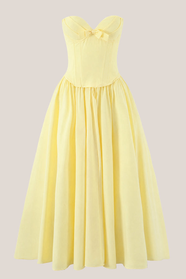 Sweetheart A-Line Corset Pleated Midi Dress in Yellow– SHE IS ME Dresses