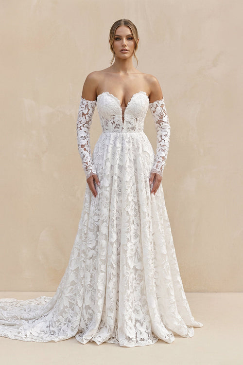 Sweetheart A - Line Floral Lace Long Sleeve Wedding Dress in Ivory - SHE IS ME Wedding Dresses