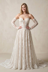 Sweetheart A - Line Lace Corset Appliqued Wedding Dress With Detachable Sleeves in Ivory - KISS BRIDAL Wedding Dresses