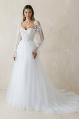 Sweetheart A Line Long Sleeves Tulle Wedding Dress in White - KISS BRIDAL Wedding Dresses