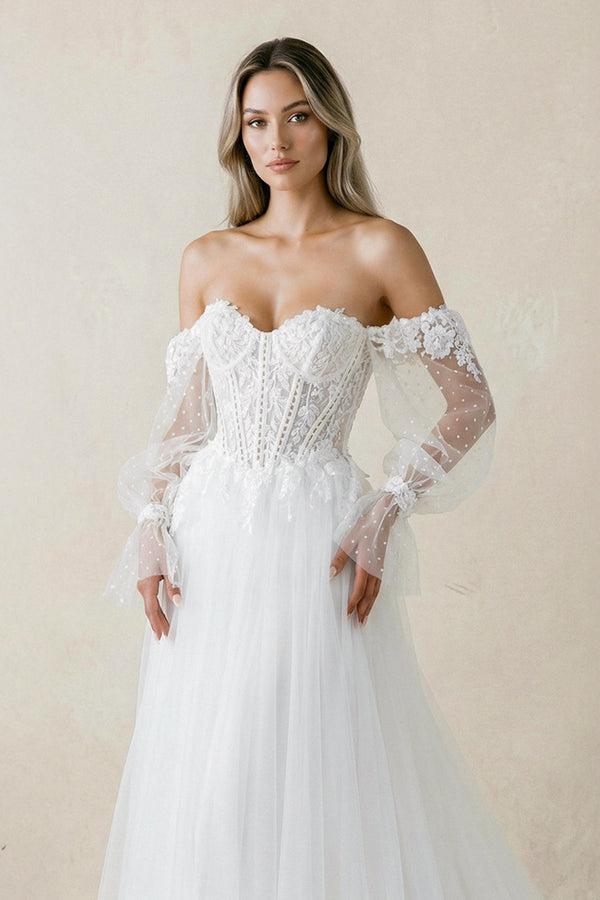 Off-the-Shoulder A Line Long Sleeves Tulle Wedding Dress in White