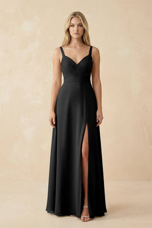 Sweetheart A - Line Pleated Chiffon Bridesmaid Dress in Black - SHE IS ME Bridesmaid Dresses