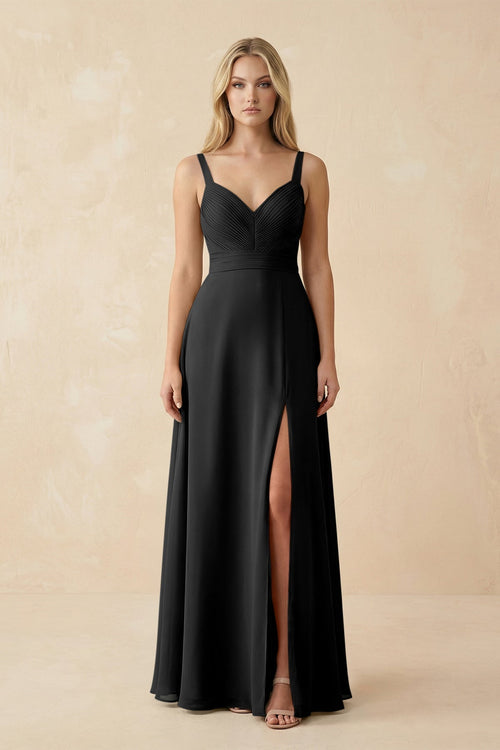 Sweetheart A - Line Pleated Chiffon Bridesmaid Dress in Black - SHE IS ME Bridesmaid Dresses