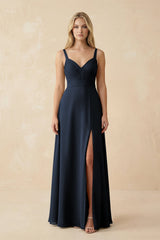 Sweetheart A - Line Pleated Chiffon Bridesmaid Dress in Dark Navy - KISS BRIDAL Bridesmaid Dresses