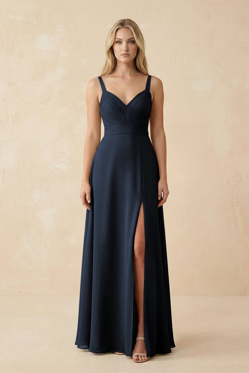 Sweetheart A - Line Pleated Chiffon Bridesmaid Dress in Dark Navy - SHE IS ME Bridesmaid Dresses