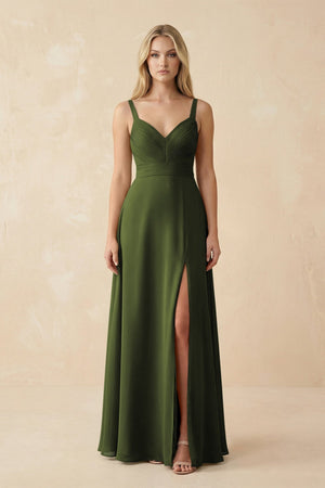 Sweetheart A - Line Pleated Chiffon Bridesmaid Dress in Olive - SHE IS ME Bridesmaid Dresses