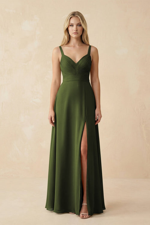 Sweetheart A - Line Pleated Chiffon Bridesmaid Dress in Olive - SHE IS ME Bridesmaid Dresses