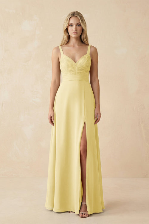 Sweetheart A - Line Pleated Chiffon Bridesmaid Dress in Pastel Yellow - SHE IS ME Bridesmaid Dresses