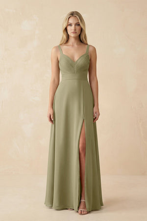 Sweetheart A - Line Pleated Chiffon Bridesmaid Dress in Thyme - SHE IS ME Bridesmaid Dresses