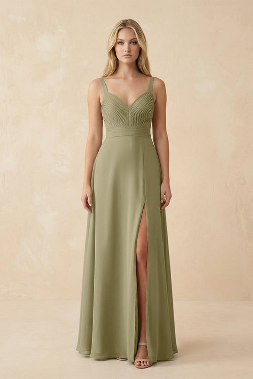 Sweetheart A - Line Pleated Chiffon Bridesmaid Dress in Thyme - SHE IS ME Bridesmaid Dresses