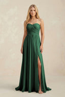 Sweetheart A-Line Pleated Chiffon Bridesmaid Dress With Slit in Dark Green | KISSBRIDAL