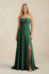 Sweetheart A-Line Pleated Chiffon Bridesmaid Dress With Slit in Dark Green | KISSBRIDAL