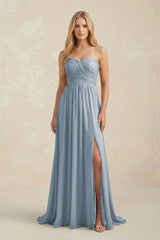 Sweetheart A-Line Pleated Chiffon Bridesmaid Dress With Slit in Dusty Blue | KISSBRIDAL
