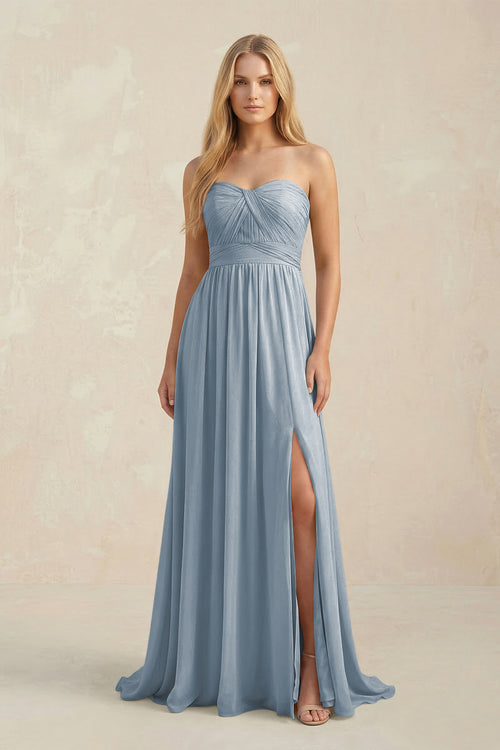 Sweetheart A-Line Pleated Chiffon Bridesmaid Dress With Slit in Dusty Blue | KISSBRIDAL