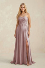 Sweetheart A-Line Pleated Chiffon Bridesmaid Dress With Slit in Dusty Rose | KISSBRIDAL