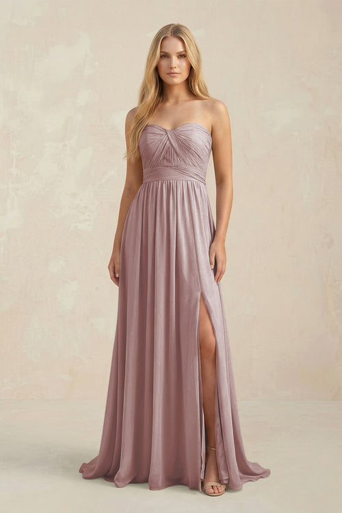 Sweetheart A-Line Pleated Chiffon Bridesmaid Dress With Slit in Dusty Rose | KISSBRIDAL
