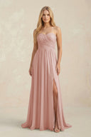 Sweetheart A-Line Pleated Chiffon Bridesmaid Dress With Slit in English Rose | KISSBRIDAL