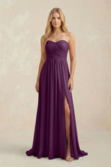 Sweetheart A-Line Pleated Chiffon Bridesmaid Dress With Slit in Fig | KISSBRIDAL