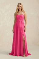 Sweetheart A-Line Pleated Chiffon Bridesmaid Dress With Slit in Fuchsia | KISSBRIDAL