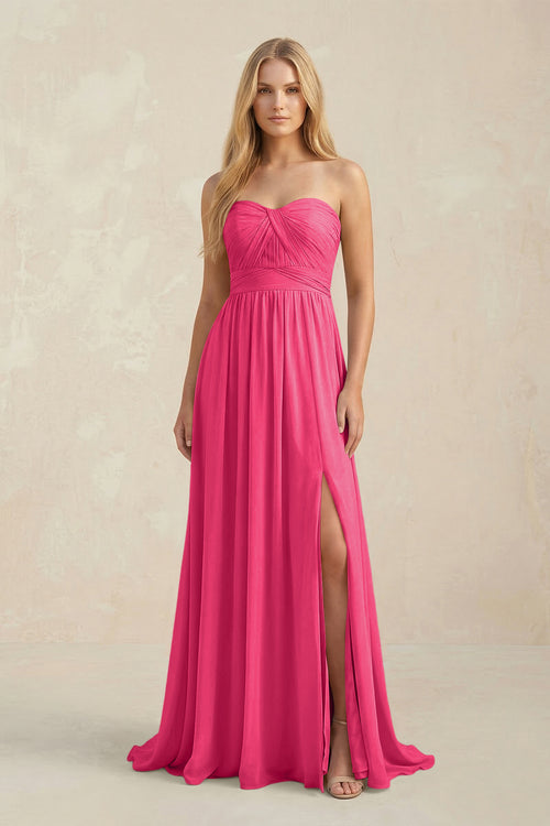 Sweetheart A-Line Pleated Chiffon Bridesmaid Dress With Slit in Fuchsia | KISSBRIDAL