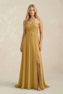 Sweetheart A-Line Pleated Chiffon Bridesmaid Dress With Slit in Marigold | KISSBRIDAL