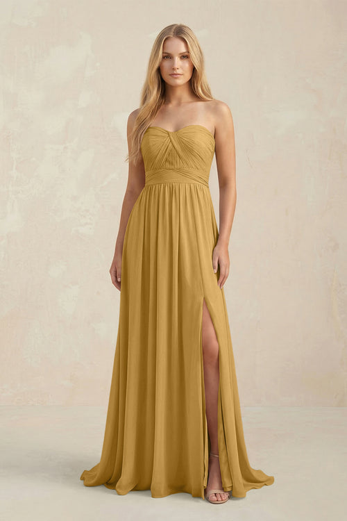 Sweetheart A-Line Pleated Chiffon Bridesmaid Dress With Slit in Marigold | KISSBRIDAL
