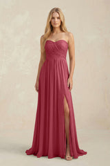 Sweetheart A-Line Pleated Chiffon Bridesmaid Dress With Slit in Merlot | KISSBRIDAL