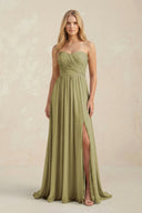 Sweetheart A-Line Pleated Chiffon Bridesmaid Dress With Slit in Moss Green | KISSBRIDAL
