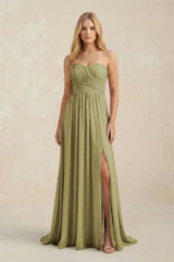 Sweetheart A-Line Pleated Chiffon Bridesmaid Dress With Slit in Moss Green | KISSBRIDAL